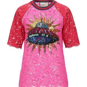 GUCCI Pink/Red Lace Sequine Applique Top/Shirt/Blouse XS $1400 NWT